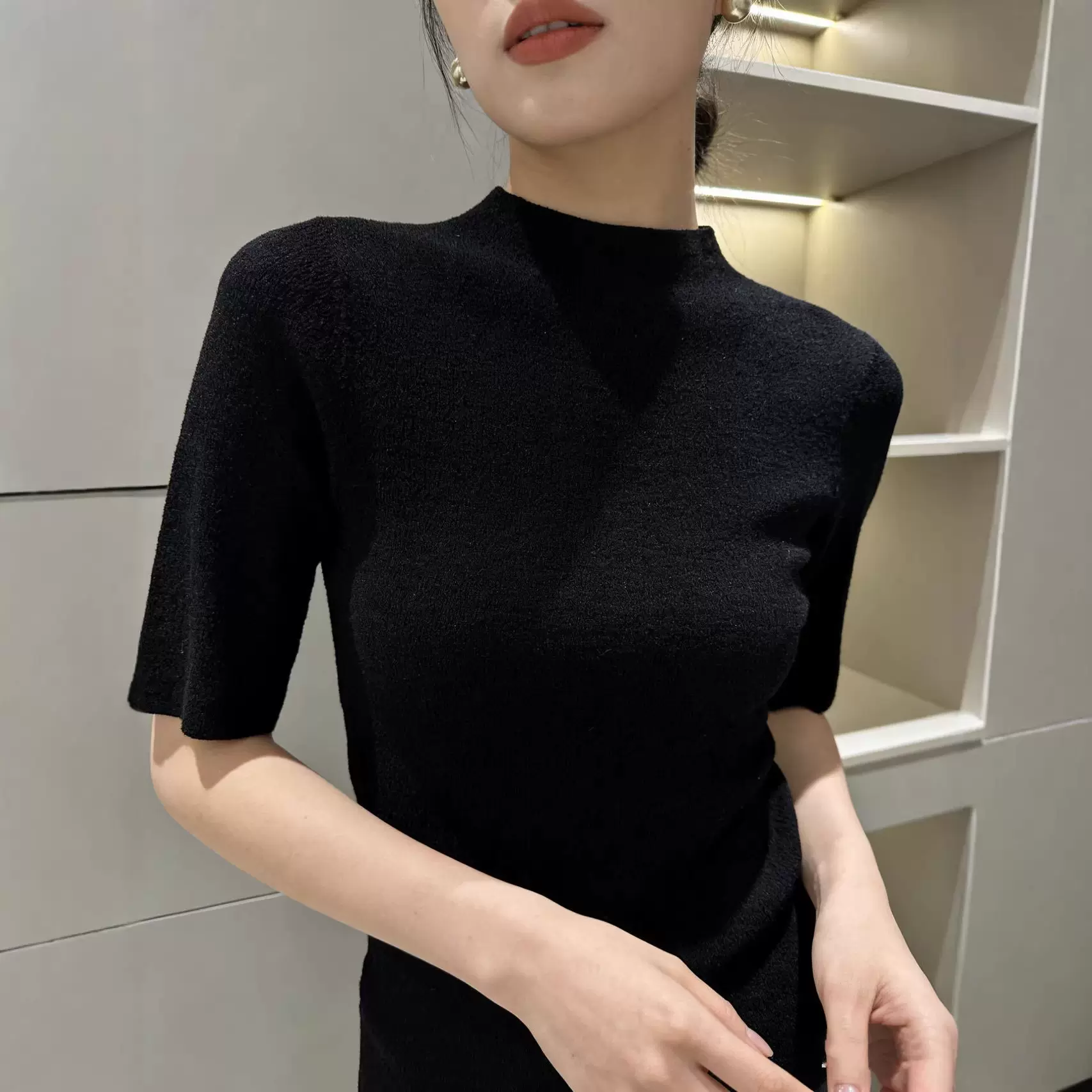 桑蚕丝轻薄细致无缝一体成型圆领短袖毛针织衫女上衣通勤百搭T恤