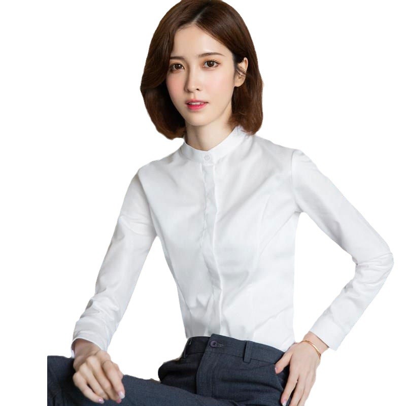 暗いボタンの立襟の韓国版の女性の職業のシャツのカジュアルな婦人服の上着の大きいサイズの長袖の防走光の白いシャツ