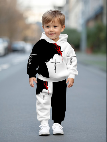 Hooded hooded hoodie set for boys and girls, stylish black and white print, making it comfortable to go out and exercise in spring and autumn