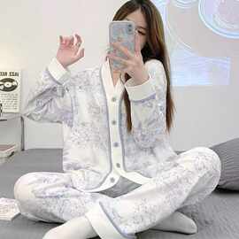 睡衣女春秋季2025新款薄款大码长袖家居服油画网红款女士可爱套装