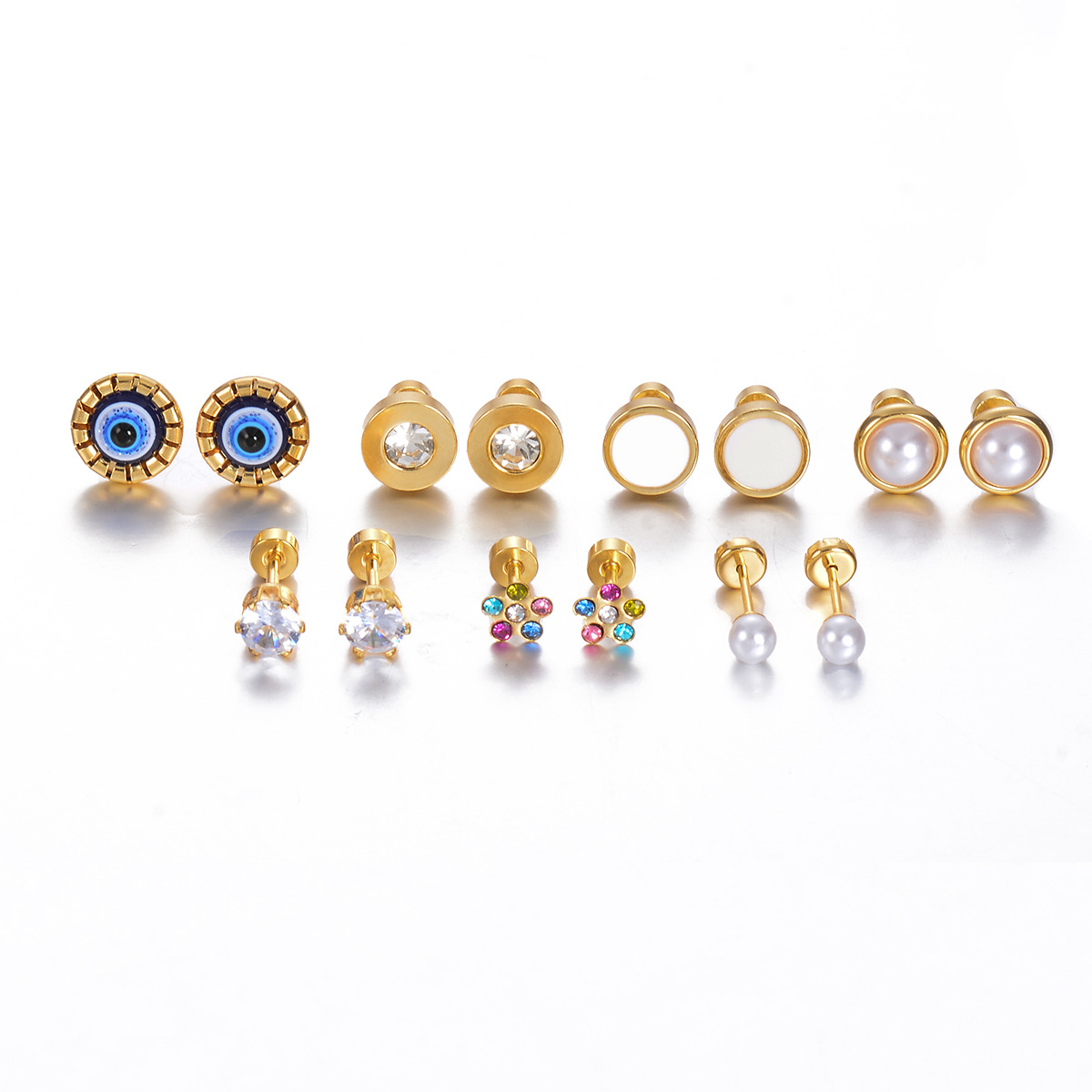 4g Weight PVD Coated Gold Plating Process 304 Stainless Steel Ear Needle Material 18K Real Gold Plated Plating Material Ear Studs Classification 1 Pair Quantity Holiday, Daily Occasion 304 Stainless Steel Material Geometric, Eye Pattern Women's Gender Simple Style Style Enamel Craft 1 Pair Simple Style Geometric Eye Enamel Stainless Steel Ear Studs 11