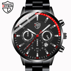 DEYROS手錶時尚男士鋼帶石英表日曆手錶假三眼六針夜光表學生手錶