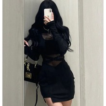 螺纹  别致网纱拼接纯欲风甜辣妹收腰显瘦复古炸街小众包臀连衣裙