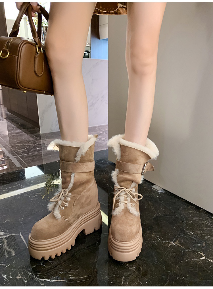 Boot nữ cổ cao ôm bắp chân đế nêm tăng chiều cao 12cm lót lông ấm — mơ 15cm chi tiết 14