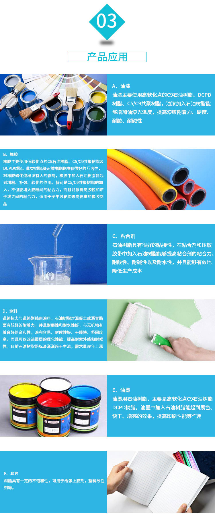 石油树脂一般可分类为C5 aliphatic(脂族类), C9 aromatic(芳香烃类),DCPD(环脂二烯类,cycloaliphatic)及纯单体如poly SM,AMS(alpha methyl styrene)等四种型态产品,其组成分子皆是碳氢化合物,故又称之为碳氢树脂(hydrocarbon resins,HCR)。