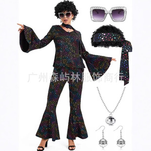 European and American New Halloween suit 70 s Old Age Disco Bronzing Sequin Horn Sleeve Long Headband suit