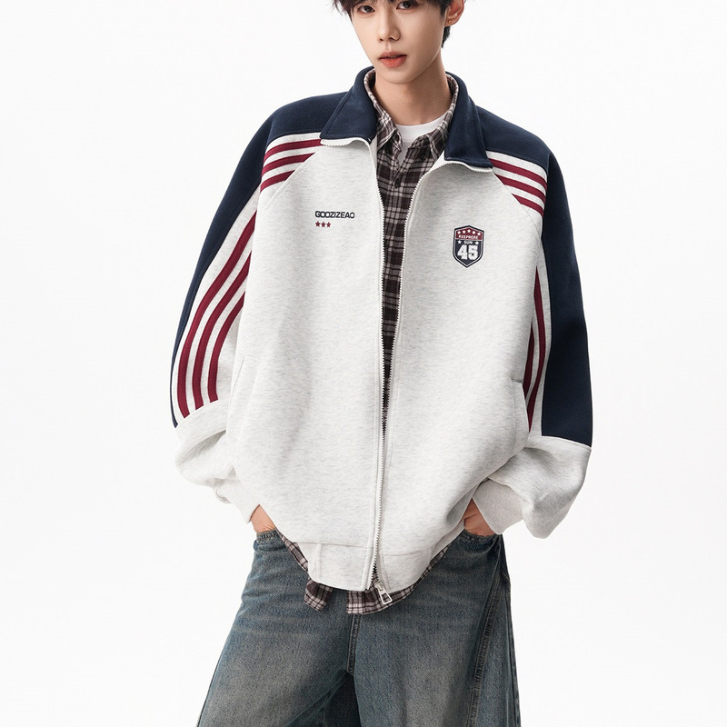 American-style striped color-blocked stand-collar cardigan sweatshirt for men, trendy college-style loose casual versatile sports jacket American-style striped color-blocked stand-collar cardigan sweatshirt for men, trendy college-style loose casual versatile sports jacket