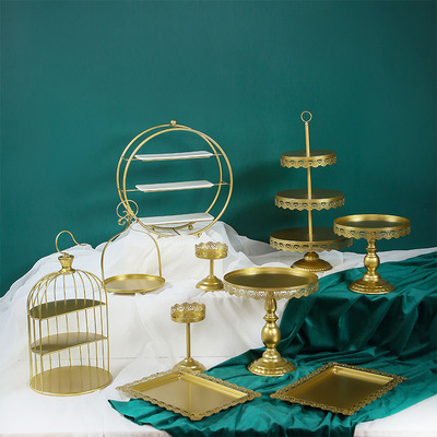 Tabla de postres de estilo europeo, estante de exhibición de bodas, banquete de bodas, estante de pastel, estante de té de la tarde, estante de golden snack set de 7 piezas