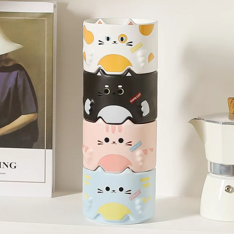 Стеклянная/стакан-купол? Stackable Cat Cartoon Mug Tower, 301–400 ml Cute Birthday Gift, 4 Colors
