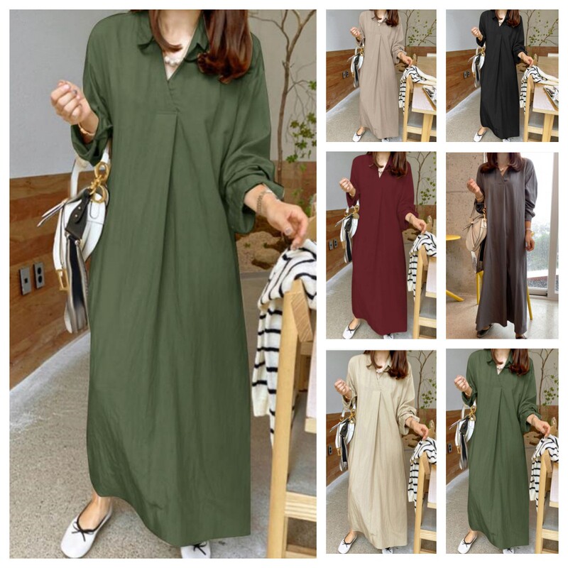 2023 new solid color lapel cotton and linen long sleeve simple temperament commuter loose casual long plus size dress 2023 new solid color lapel cotton and linen long sleeve simple temperament commuter loose casual long plus size dress