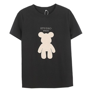 2024 spring new bear patch embroidered T-shirt 200kg fat sister loose slimming round neck top 130050
