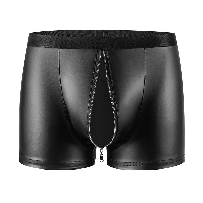 Cross-border Products Men's Soft Matte Bright Leather Boxers Sexy Open Leather Shorts Accurate Size No Odor