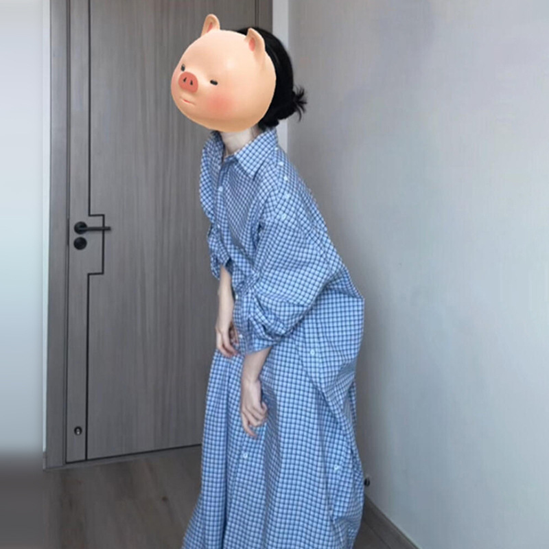 法式蓝色格子衬衫连衣裙子女春季2025新款设计感宽松休闲气质长裙|undefined