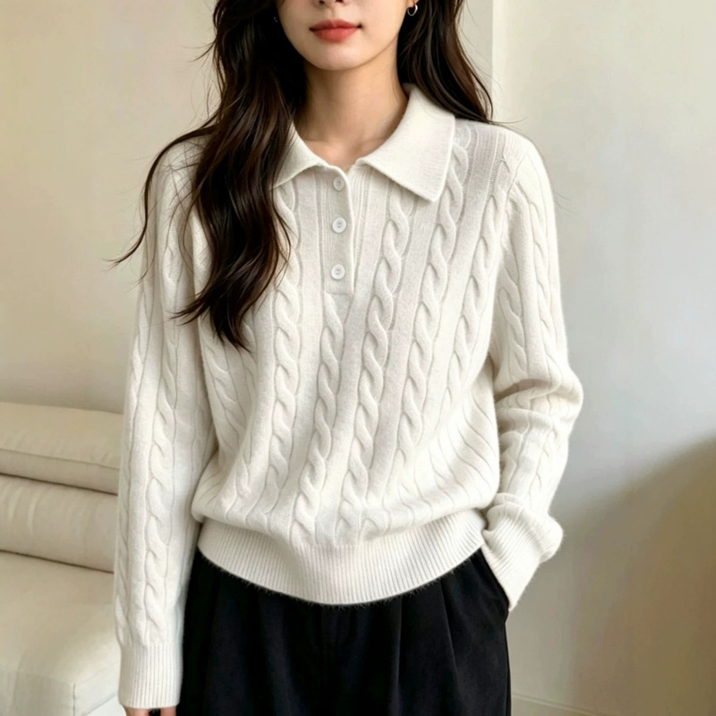 2026 Autumn/Winter Women's POLO Collar Sweater, European and American Style, Loose Casual Pullover, Cable Knit Top, In Stock 2026 Autumn/Winter Women's POLO Collar Sweater, European and American Style, Loose Casual Pullover, Cable Knit Top, In Stock