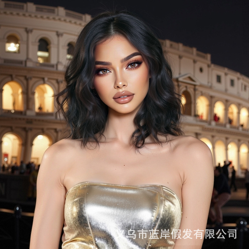 欧美时尚中分短蛋卷假发女全头套水波纹玉米烫日常高街化纤发wigs|undefined