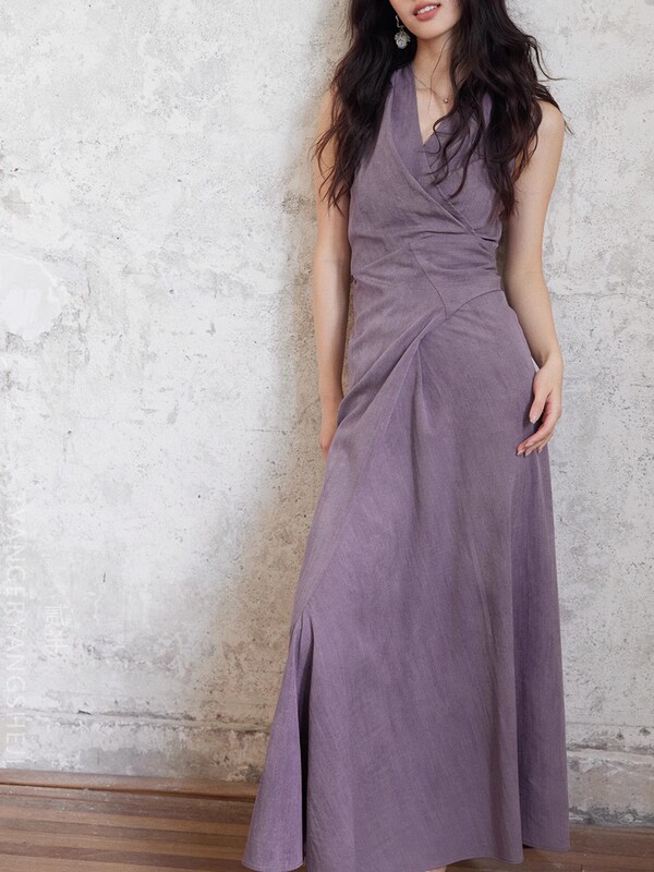 TYANG Er Yang Design [Qingwan] 気質パープル V ネックホルターネックロングスカート女性のストラップデザインドレス|undefined