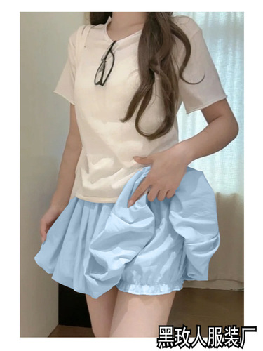 Blue flower bud shorts, women's spring and autumn high-waist a-line fluffy skirt, small anti-exposure casual all-match skirt