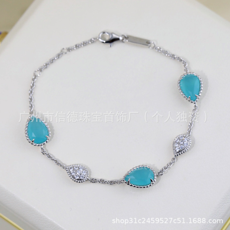925 silver electroplated 18K gold drop-shaped bracelet chalcedony Fritillaria embedded diamond fashion elegant fairy style drop-shaped bracelet
