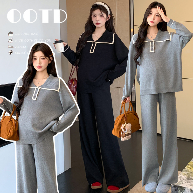 Maternity outfit for autumn and winter, casual and stylish with a relaxed vibe, featuring a collared long-sleeve top and versatile wide-leg pants, a simple two-piece set for women Maternity outfit for autumn and winter, casual and stylish with a relaxed vibe, featuring a collared long-sleeve top and versatile wide-leg pants, a simple two-piece set for women