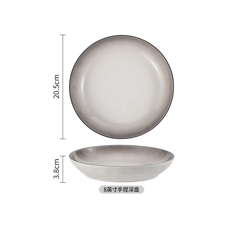 Cuenco de cerámica transfronterizo de color bajo vidriado gris gradiente simple personalizado, plato de exportación, plato de arroz, plato, vajilla de cerámica
