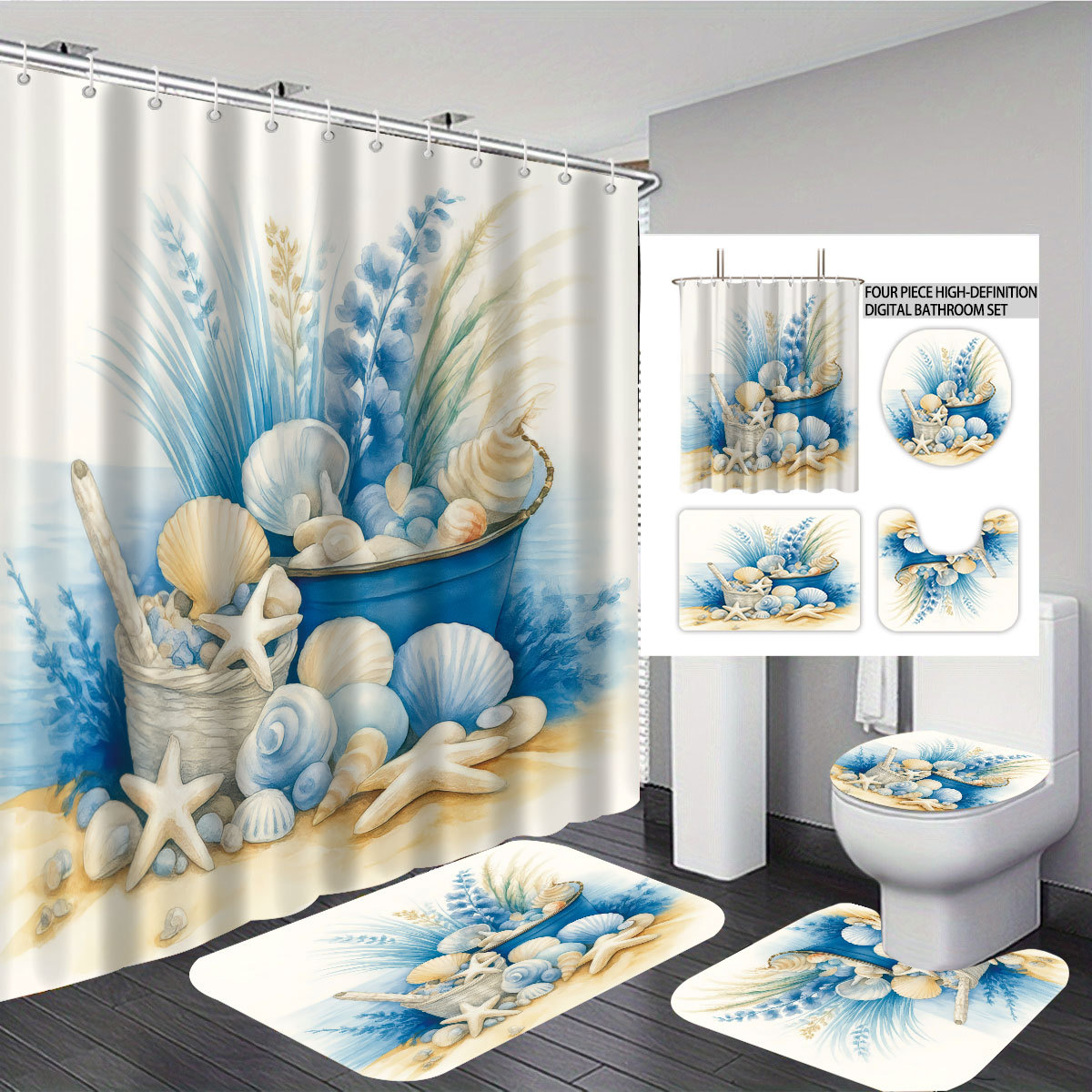 Mei Ke más cortina de baño impermeable serie de paisaje de playa impresión digital poliéster cortina de baño cuatro piezas un conjunto de cabello