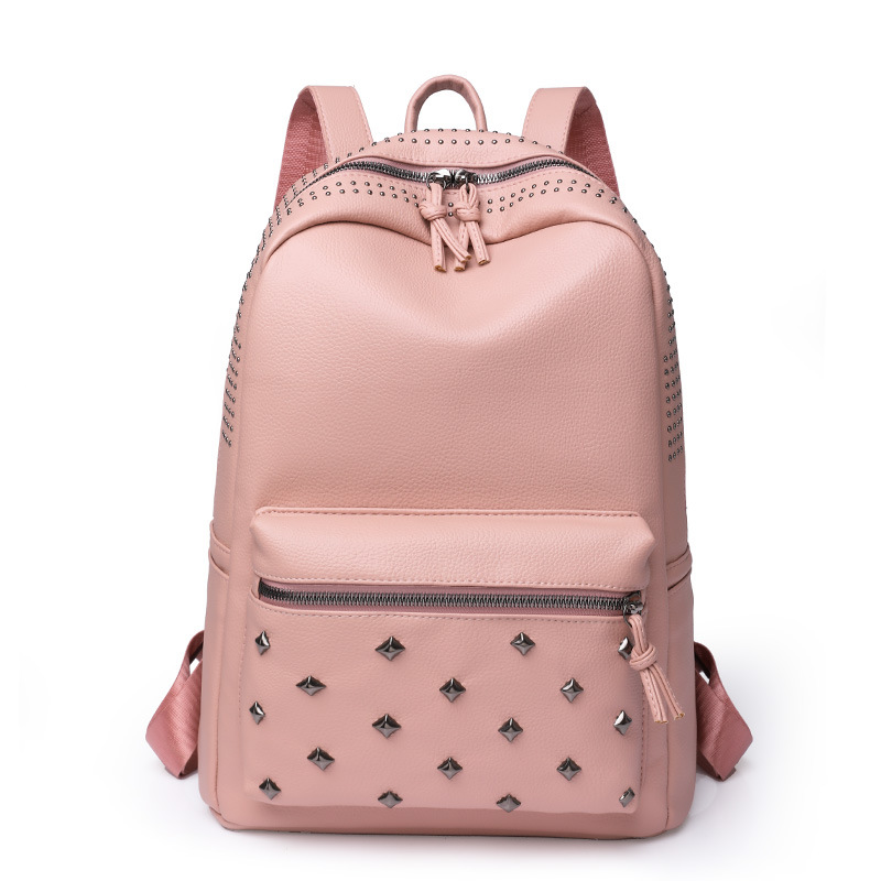 Fábrica al por mayor 2023 nueva mochila casual de cuero suave para mujer, remache de moda, mochila para computadora de gran capacidad, mochila escolar