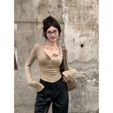 辣妹风小心机半开领修身显瘦褶皱短款加绒内搭打底衫长袖T恤女上