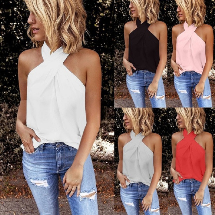 AliExpress Hot Sale European and American Women's Clothing New Casual Slim-fit Back Zipper Neck Solid Color Sleeveless Stitching Top for Women