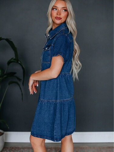 Summer European and American Independent Website Short-Sleeved Lapel Casual Style Women's Denim Dress 16809