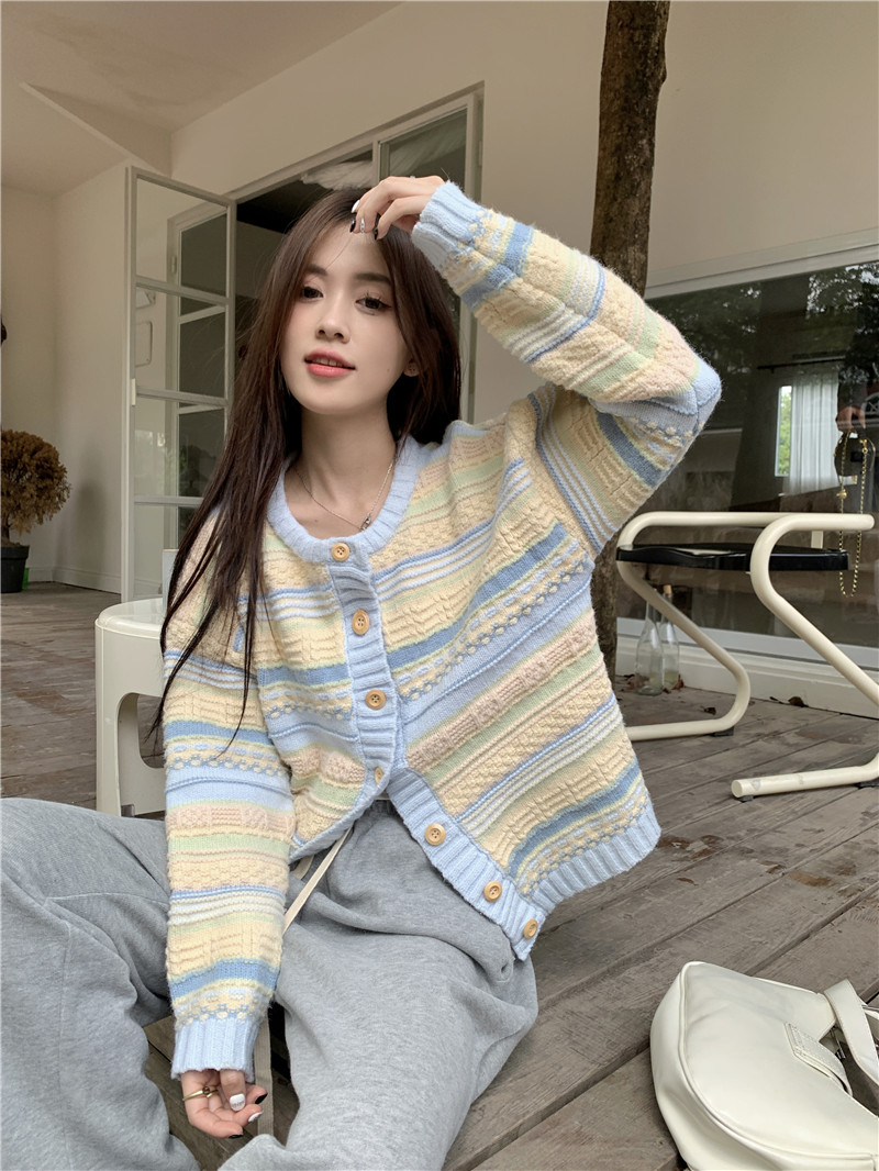 K New Loose Striped Cardigan Versatile Knitted Sweater Thin Open Cardigan For Women_voghion.com