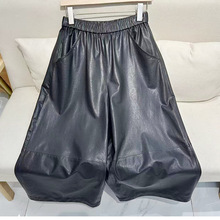 进口全植鞣绵羊皮皮裤女2025秋新松紧腰宽松轻柔九分阔腿休闲皮裤