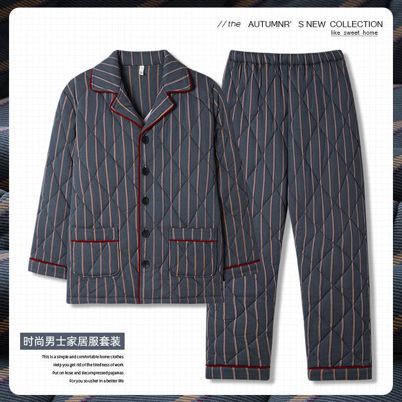 100% algodón engrosado pijamas de invierno cálido de tres capas de los hombres acolchados papá desgaste del hogar traje de otoño e invierno