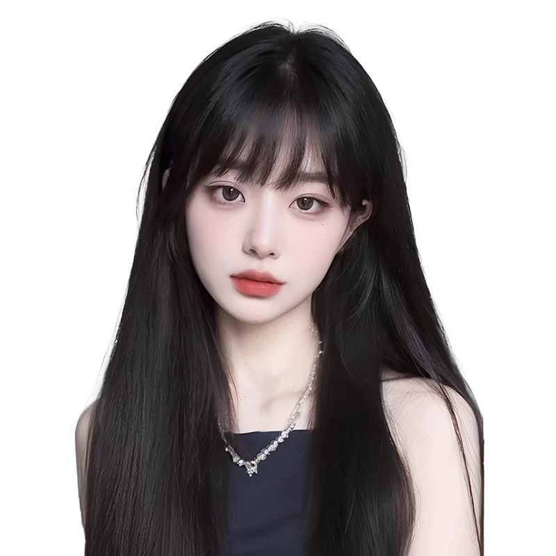 Peruca de mujer cabello largo, cejas negras, cabello completo