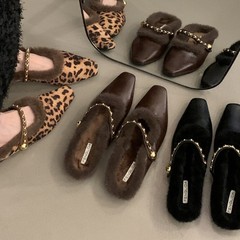 粗跟豹紋毛毛拖鞋女外穿2024新款秋冬季包頭棉拖加絨半拖單鞋