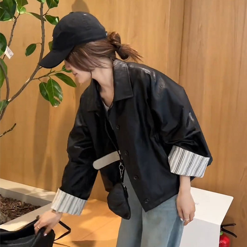 欧洲站设计感袖口撞色拼接翻领皮衣外套女2025春季新款夹克上衣新|undefined