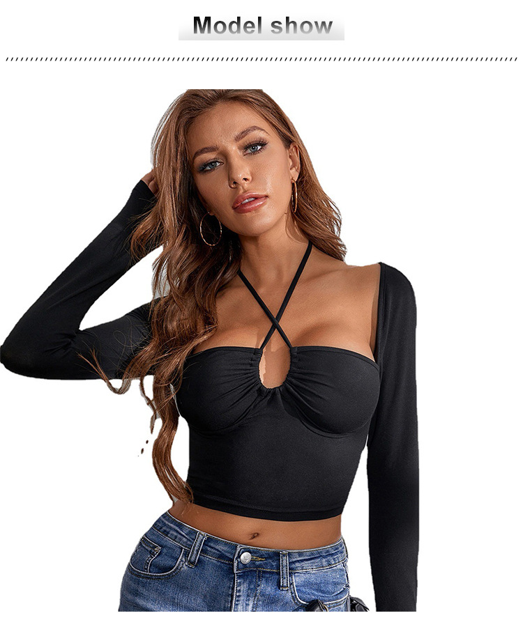 Long-Sleeved Cross Lace Up Halterneck Tight T-Shirt NSLIH80934