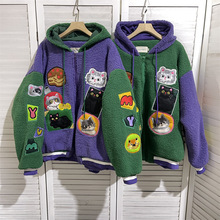 日系古着感重工刺绣连帽夹棉撞色棒球服加厚毛毛上衣大衣情侣款