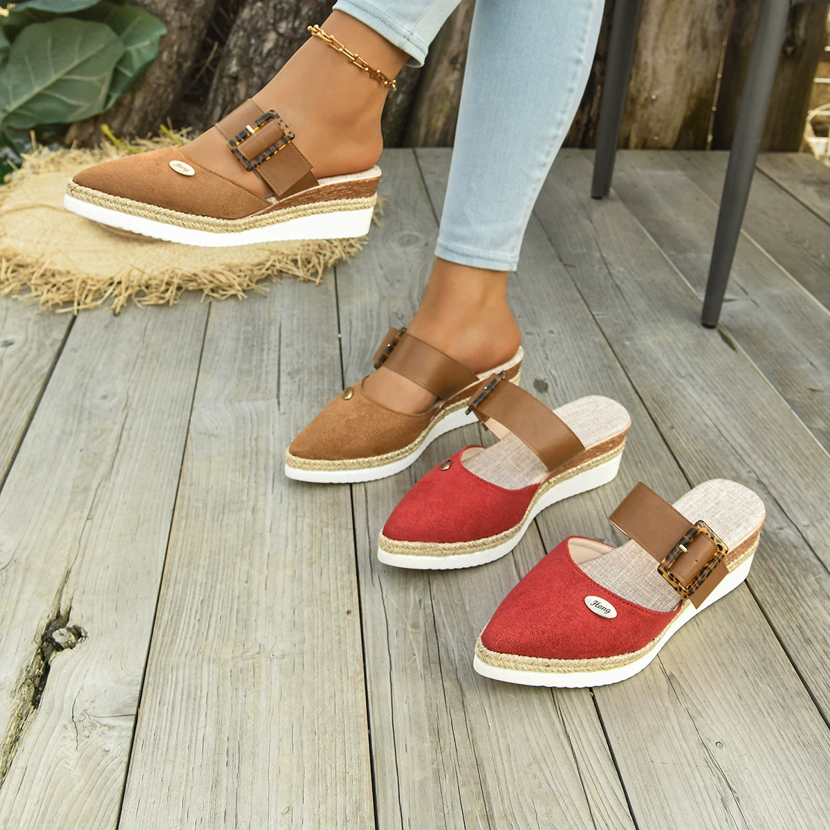Женские летние сандалии 2025 года, большие размеры, на танкетке с ремешком на щиколотке, с веревочной подошвой и пряжкой, на толстой подошве, для внешней торговли.