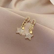 新款时尚回形针设计银针耳饰潮流超闪镶水钻星星气质耳钉耳饰品女