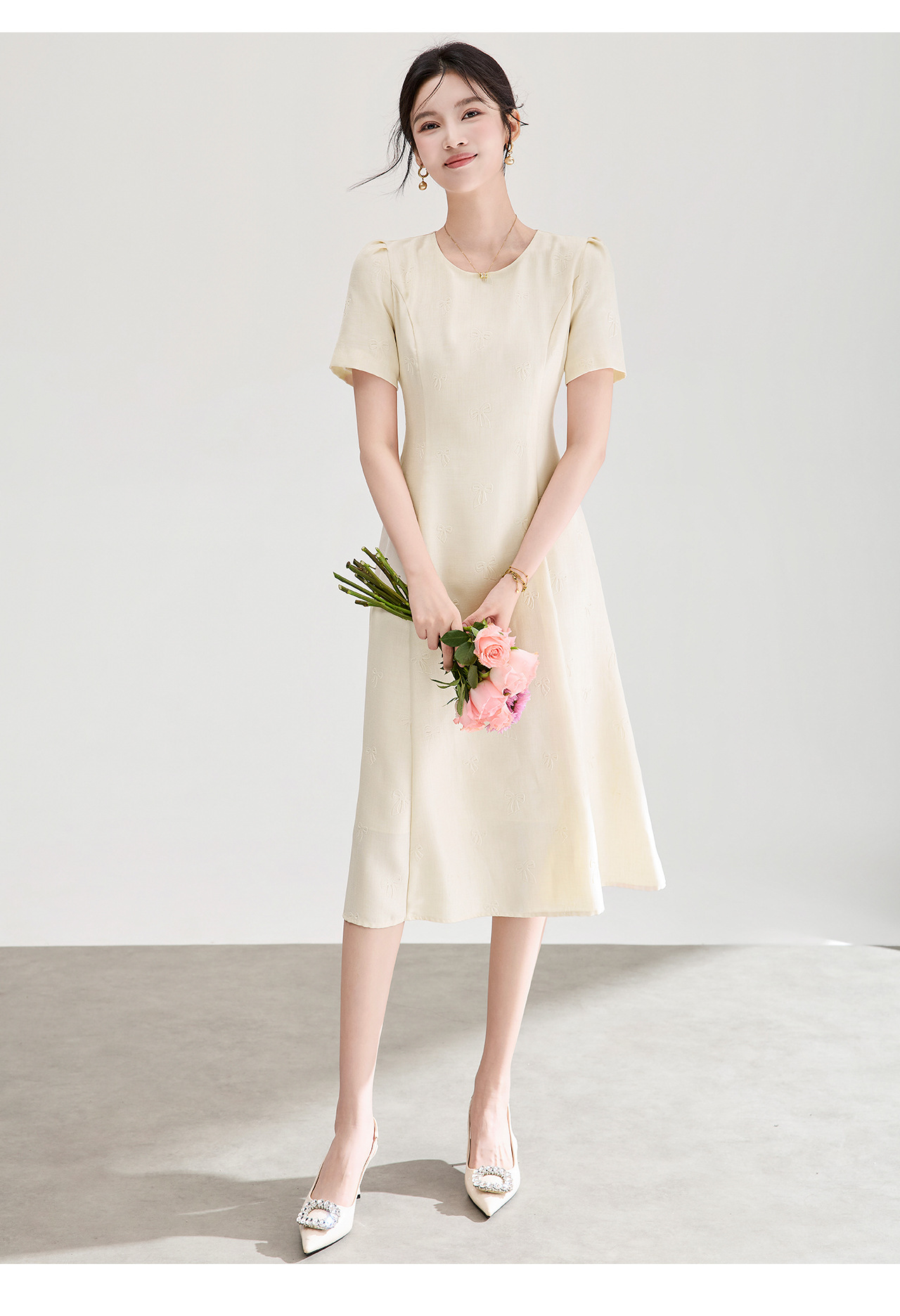Đầm chữ A nữ cao eo họa tiết jacquard nơ — màu hồng chi tiết 17