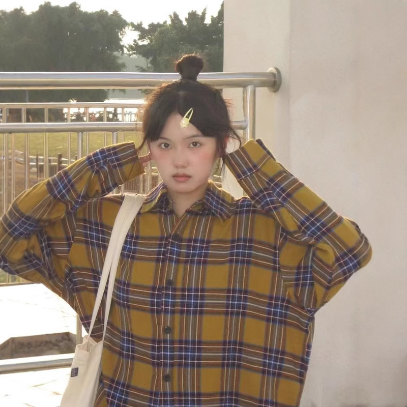 Vintage Yellow Plaid Shirt New Jacket Loose Casual Ethnic Style Cute Slimming Mid-length Shirt for Outer Wear