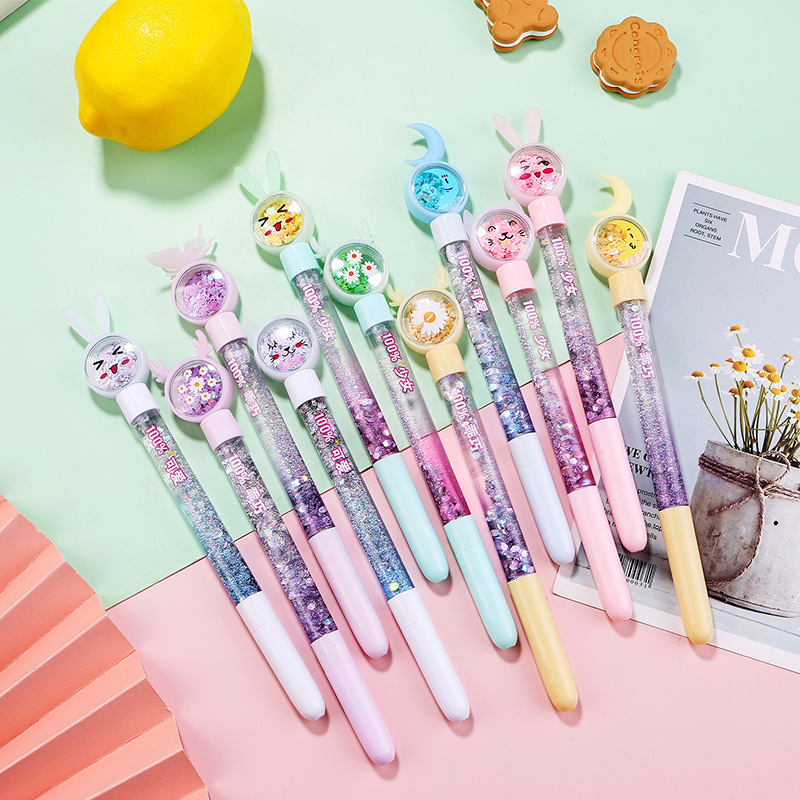 小学生写字笔 办公签字笔 七彩亮片仙女流沙笔儿童中性笔文具批发