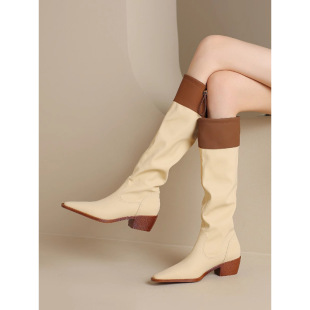 Autumn New Square Head Skinny Boots Thick Heel but Knee-high Stretch Boots Cool Color-matching Thick Heel Knights Boots