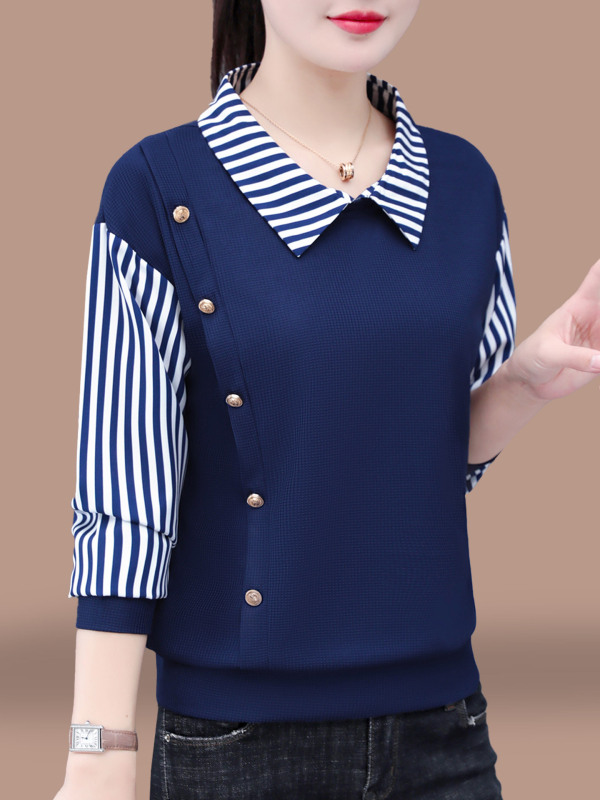 娃娃领女士卫衣女款2025新款春秋时尚洋气中年妈妈翻领假两件上衣|undefined
