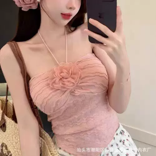 纯欲挂脖带胸垫小背心夏短款紧身内搭外穿不规则花朵甜辣粉色上衣