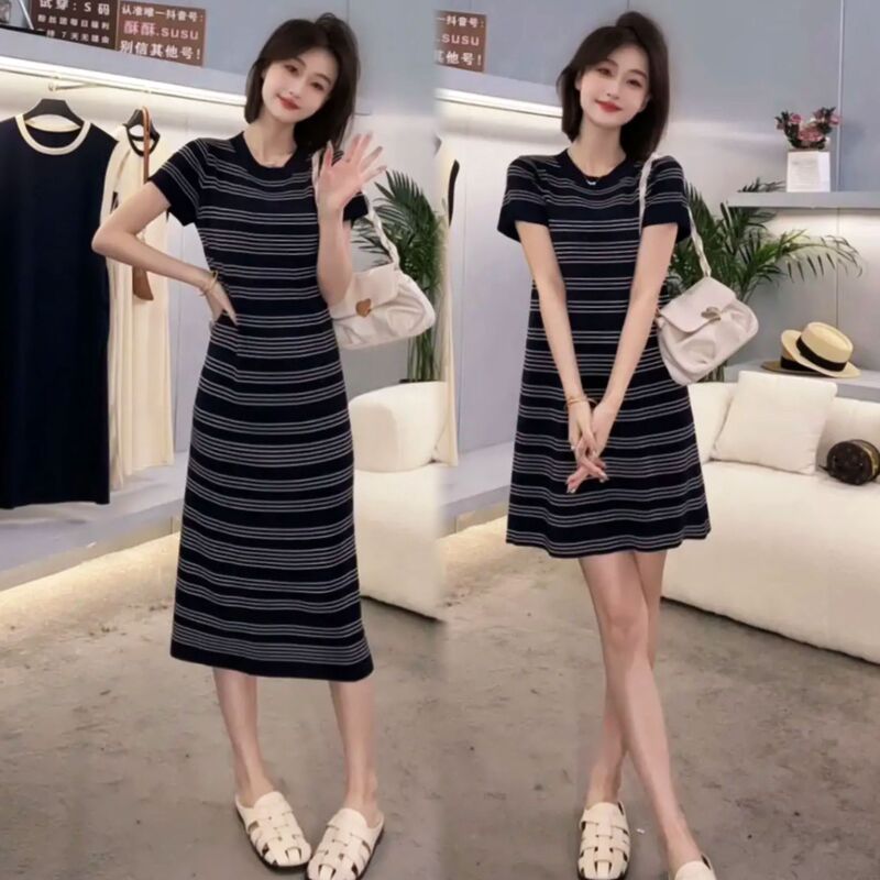 Lazy Style Stripesd Knitted Short-Sleeved T-Shirt Dress for Women in Summer Slimming Look Slightly Loose Straight Casual Long Skirt