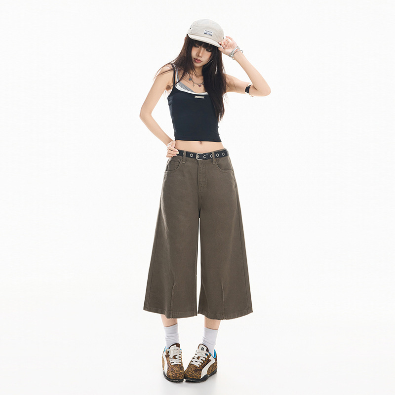 American-Style Washed Brown Wide-Leg Cropped Jeans for Women, 2026 Summer New Style, Drapey and Slimming Straight-Leg Versatile Mid-Length Pants