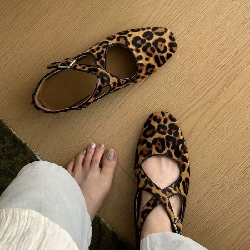 Sheepskin Version~Korean-Style Leopard Print Cross-Strap Ballet Shoes, Niche High-End Genuine Leather Round-Toe Mary Jane Shoes for Women Sheepskin Version~Korean-Style Leopard Print Cross-Strap Ballet Shoes, Niche High-End Genuine Leather Round-Toe Mary Jane Shoes for Women