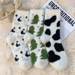 Mink velvet socks women's autumn and winter mid-calf length socks furry fleece-lined deodorant home floor socks thickened cold-proof confinement socks