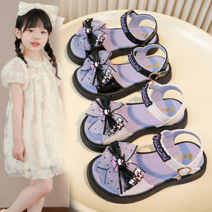 Girls Sandals Summer 2025 New Open Toe Soft Bottom Bow Kloomi Girls Princess Shoes Children Beach Shoes
